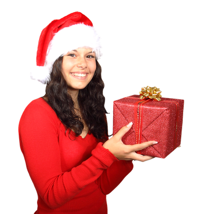 Woman in Santa Claus Clothes with Gift PNG Image