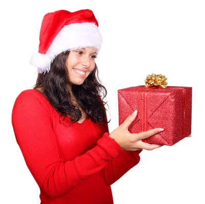 Girl Wearing Red Santa Claus Hat with Gift Box PNG Image