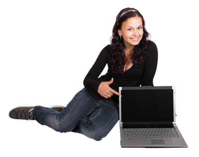 Happy Young Girl Sitting With Laptop PNG Image
