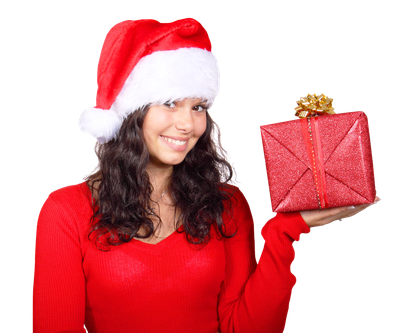 Smiling Woman in Red Santa Claus Hat with Gift Box PNG Image
