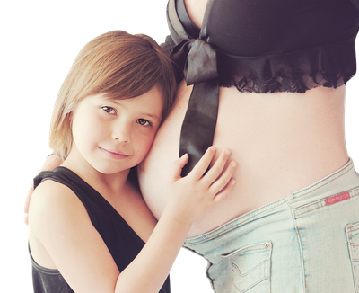 Happy Child Holding Belly Of Pregnant Woman PNG Image