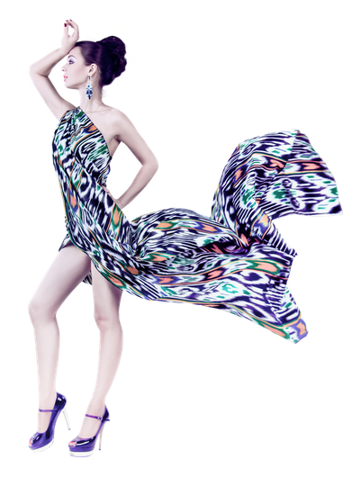 Young Woman In Fashion Flying Fabric Dress PNG Image